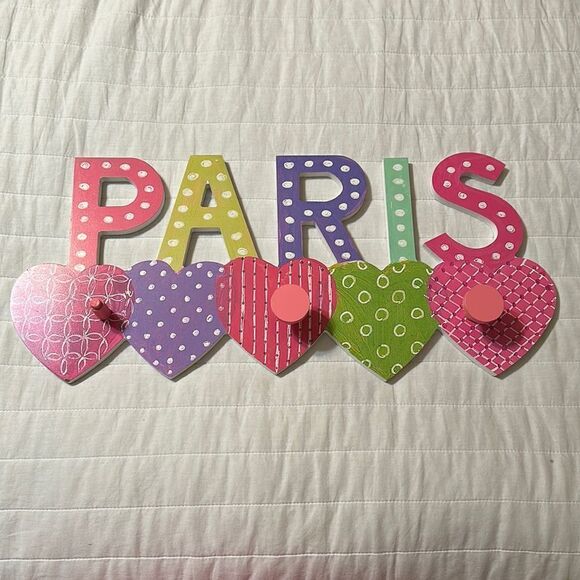 PARIS Love Hearts Multi Girl’s Room Mud Room Bathroom Wooden Hanger Decor - Picture 1 of 16